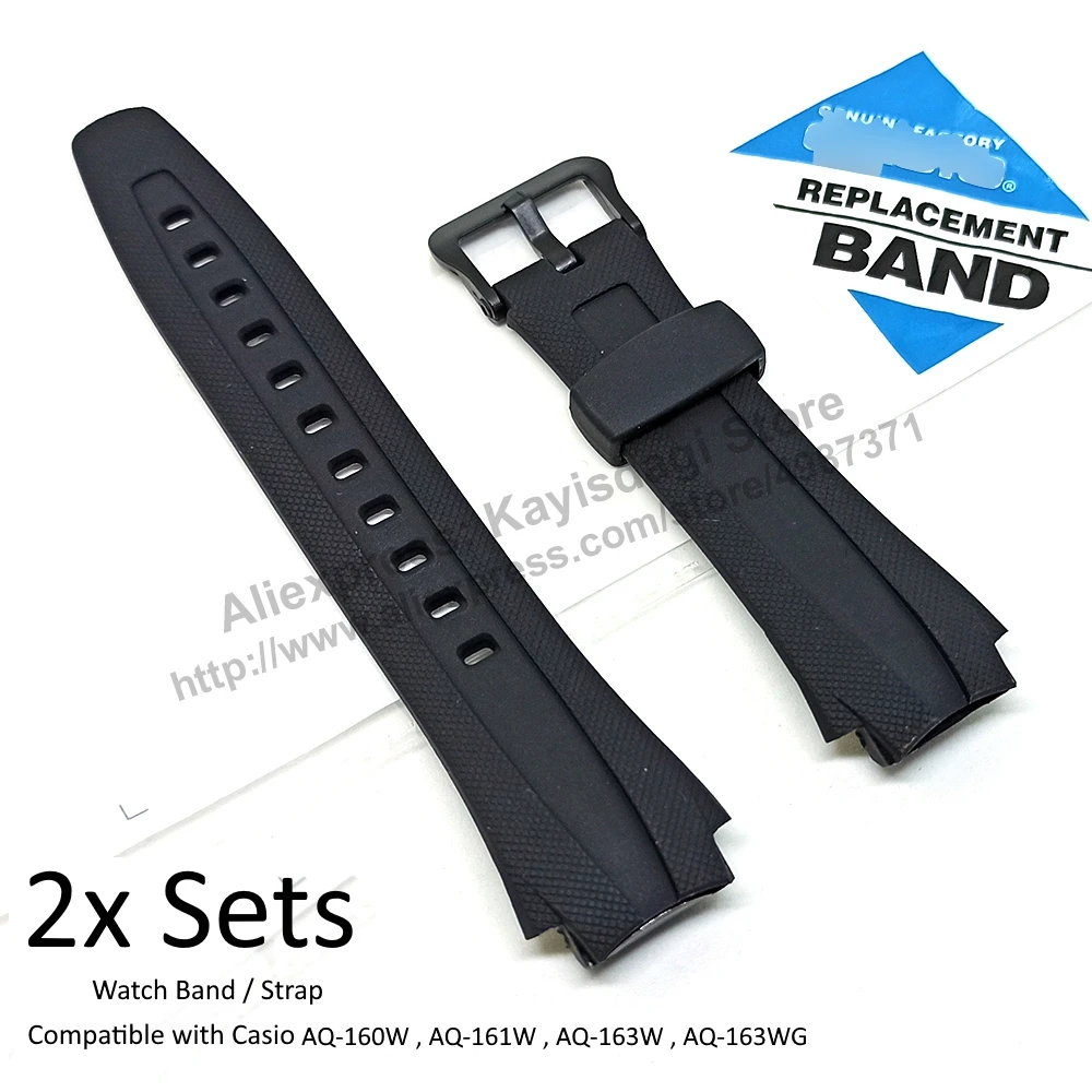 2x SETS Black Rubber Watch Bands Straps Fits with Casio AQ-160W , AQ-161W , AQ-163W , AQ-163WG , AQ-160 , AQ-163