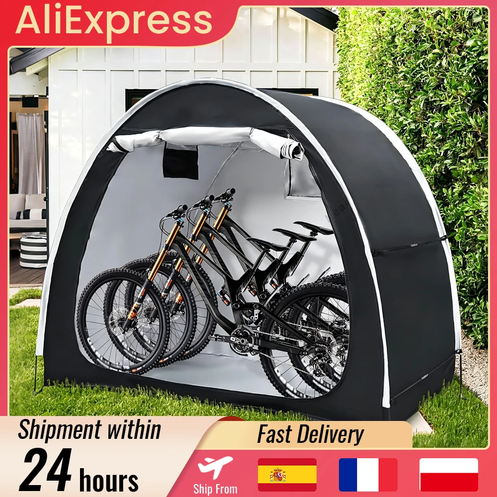 Image of Fahrrad-Aufbewahrungsschuppen für 1-4 Fahrräder, tragbares wasserdichtes Fahrrad-Schutzzelt 220x150x185cm, 210D Oxford-Gewebe, faltbare Sonnenschutzabdeckung für Motorräder, Gartengeräte