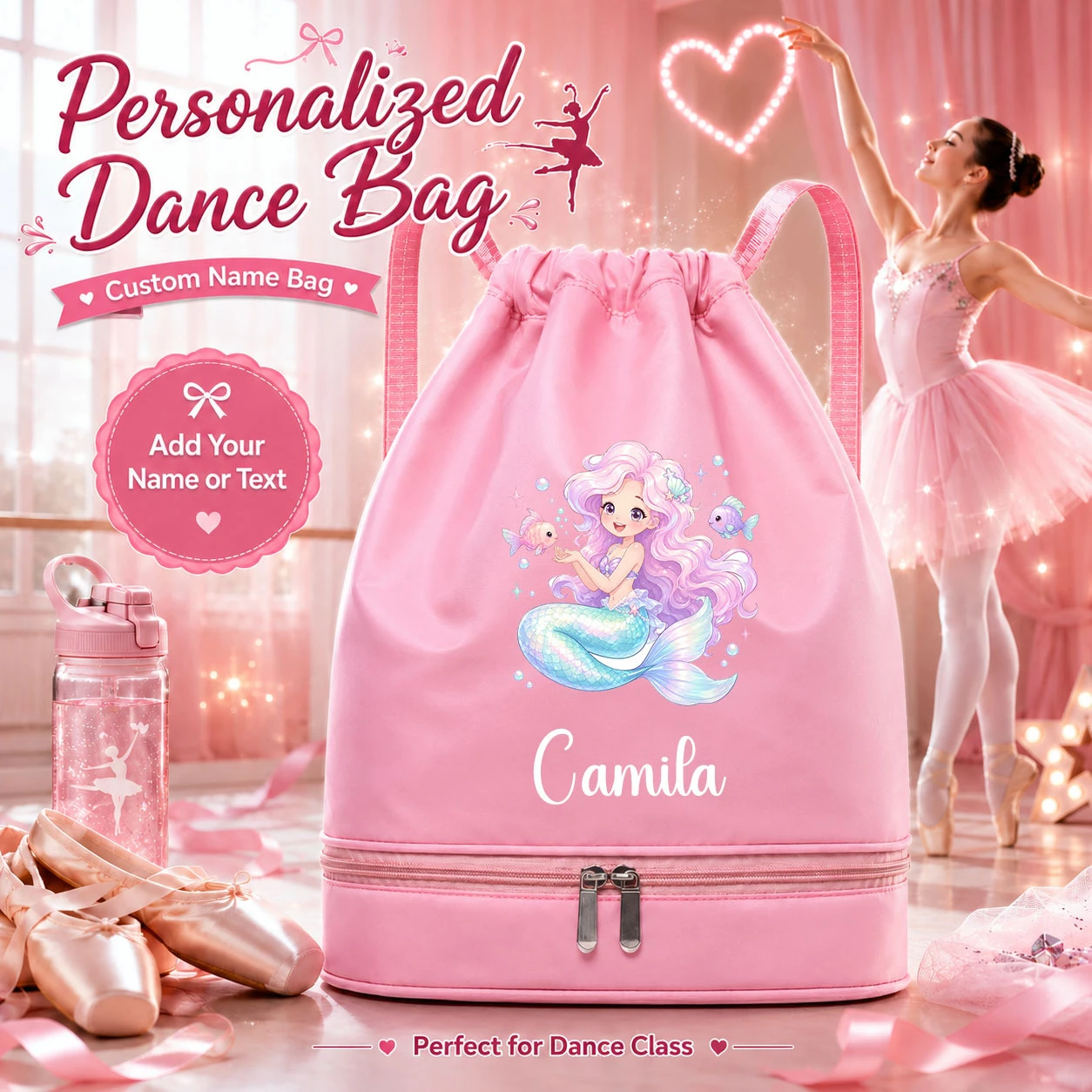 Custom Name Ocean Mermaid Drawstring Bag with Shoe Compartment, Dance Storage for Ballet Class, School, Swim Lessons and Fitness