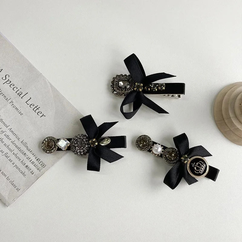 Nowa Francja Czarna kokardka Perłowe akcesoria do włosów Spinki do włosów Eleganckie codzienne kokardki Nakrycia głowy z imitacji pereł Barrettes Klips sprężynowy — zdjęcie 2