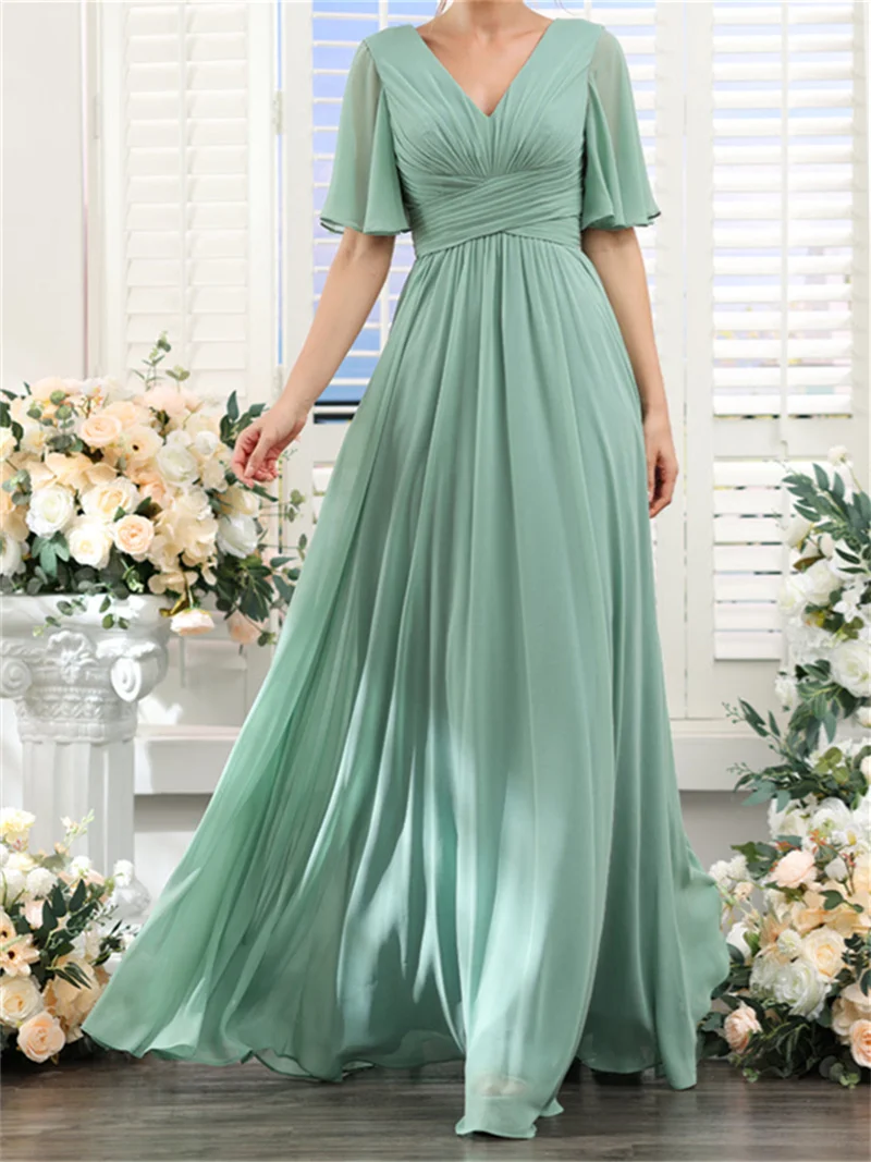 

Chiffon Off-the-shoulder V-Neck Evening Dresses With Split Short Sleeves Pleated Corset Prom Gowns A-line Long Bridesmaid Gowns