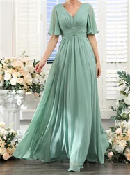 Chiffon Off-the-shoulder V-Neck Evening Dresses With Split Short Sleeves Pleated Corset Prom Gowns A-line Long Bridesmaid Gowns