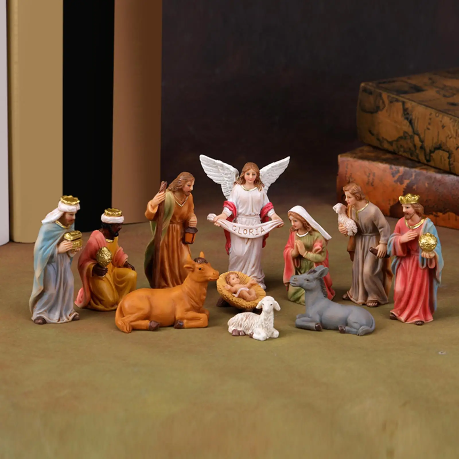 Conjunto de estatuetas de presépio de natal em miniatura, estátua da sagrada família, festa, decoração de casa, presente religioso, pequena resina, jesus para o natal