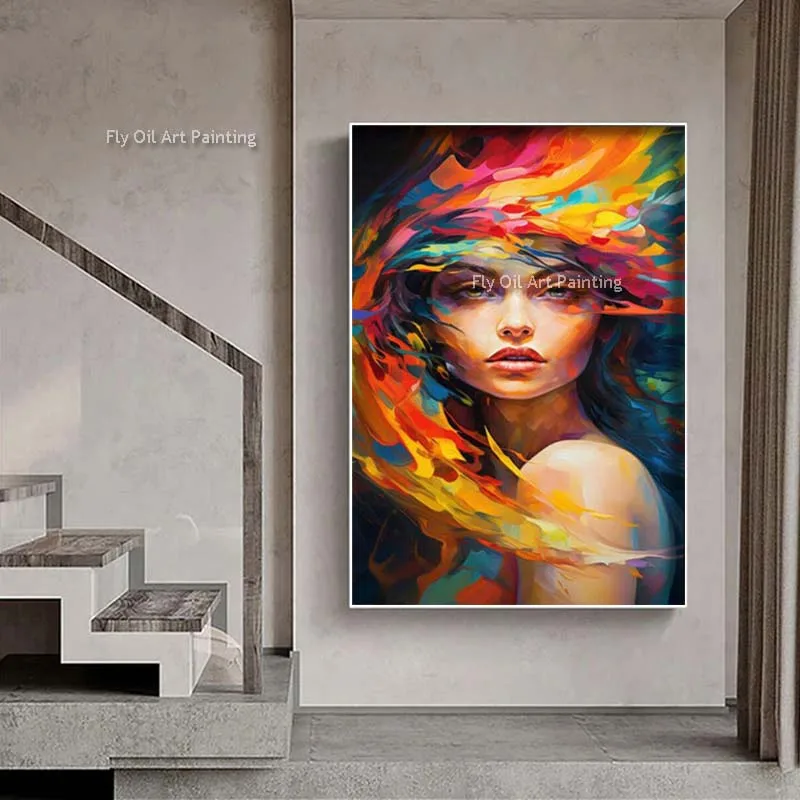 

Abstract Rainbow Hair Canvas Oil Painting Handmade Woman With Colorful Flowing Hair Mystical Romantic Modern Art For Wall Decor