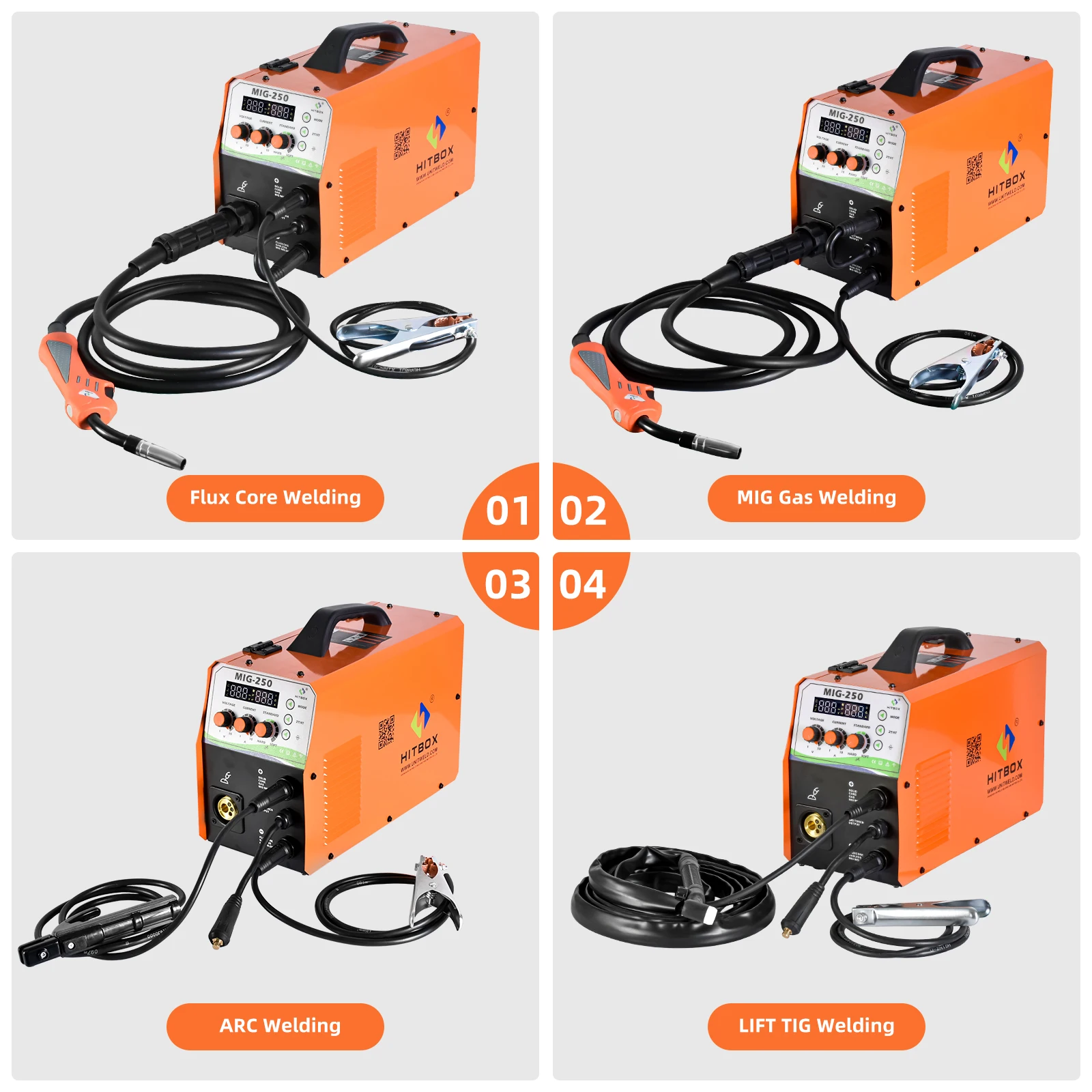 HITBOX MIG Welding Machine MIG250 220V Digital Display Precise Control 4 in 1 MIG Gasless ARC Lift TIG  Gas CO2 2T/4T Welder