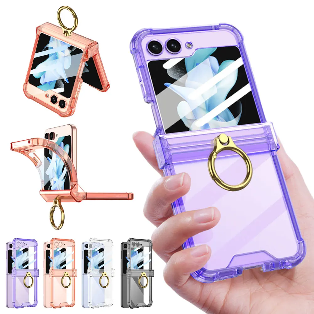 Galaxy Z Flip 6 5 4 jet flip flip flip pretty color transparent hinge protective cover Gold Finger smart ring stand wheel RIM soft silicone mobile phone case