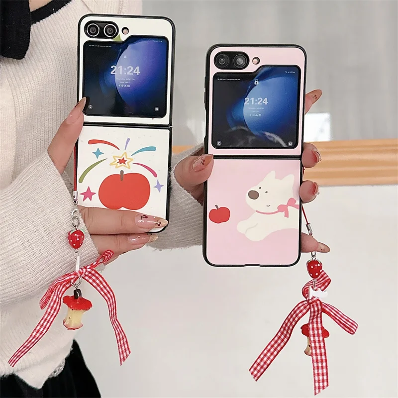 

Simple Cute Puppy Phone Case For Samsung Galaxy Z Flip 6 5 4 3 Cover with Bow Charm Leather Hard Cases For Z Flip4 Flip5 Funda