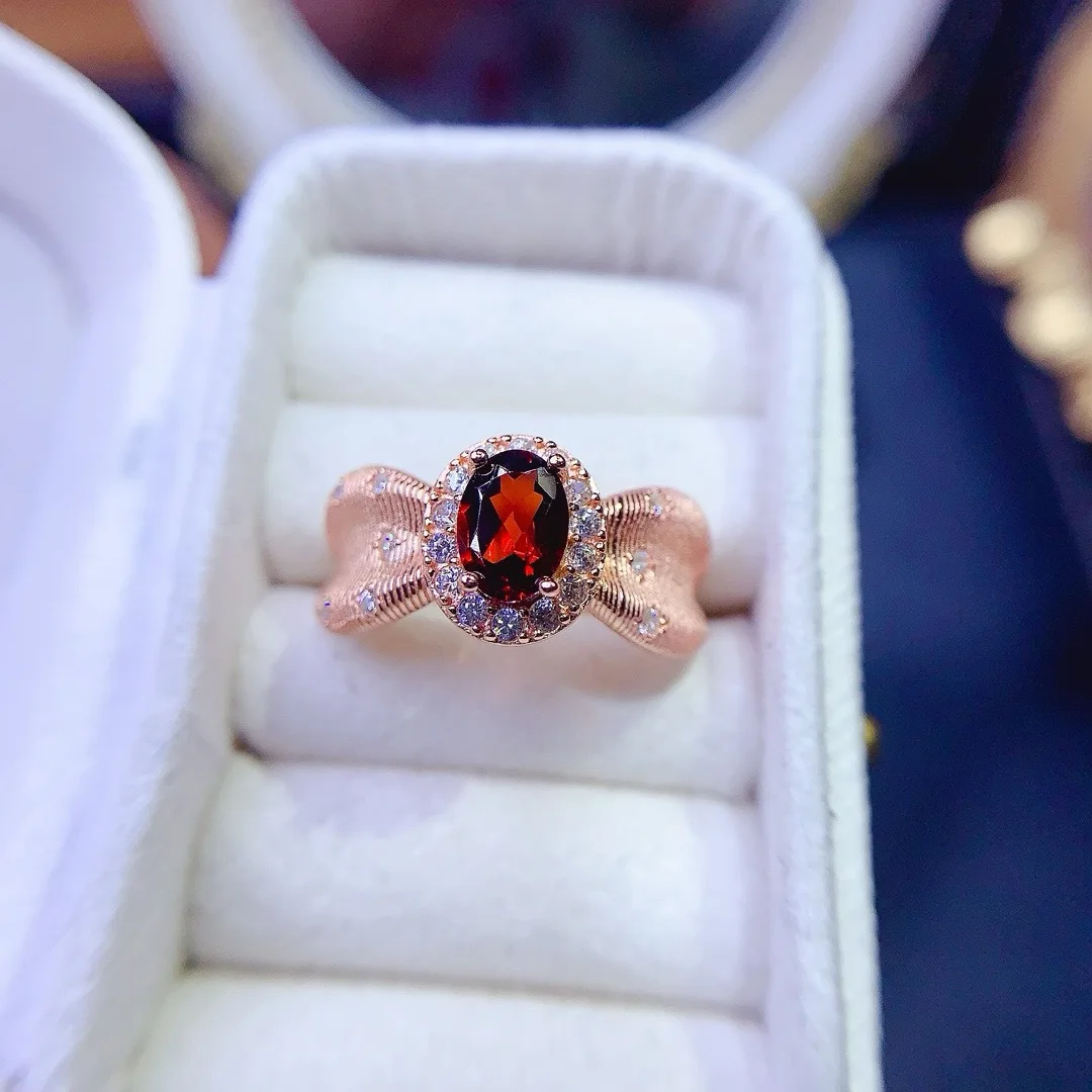 KJJEAXCMY Girl 5x7mm Red Garnet Ring 925 Pure Silver Plated 18K Gold Japanese Korean Style Gift for Girlfriend Wedding Birthday