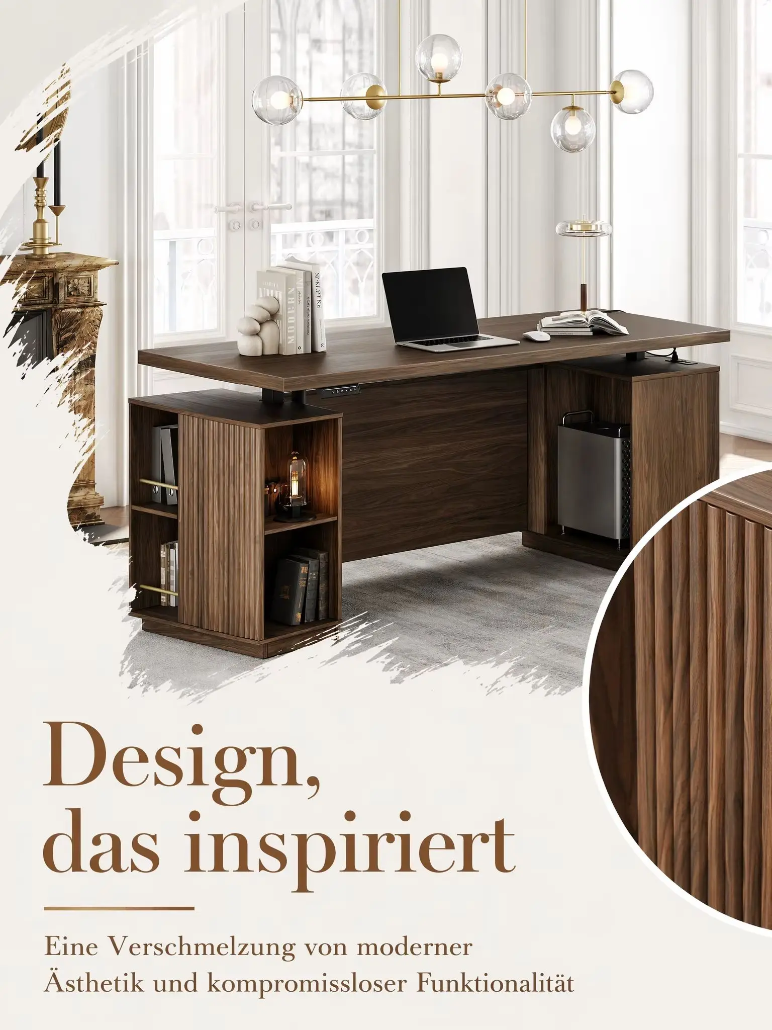 Elektrisch höhenverstellbarer Schreibtisch 178 × 76 cm mit Stauraum | AC- & USB-Ladeanschlüsse, Sichtschutzblende, 4 Speicherplätze, Einteilige Tischplatte, Kollisionsschutz