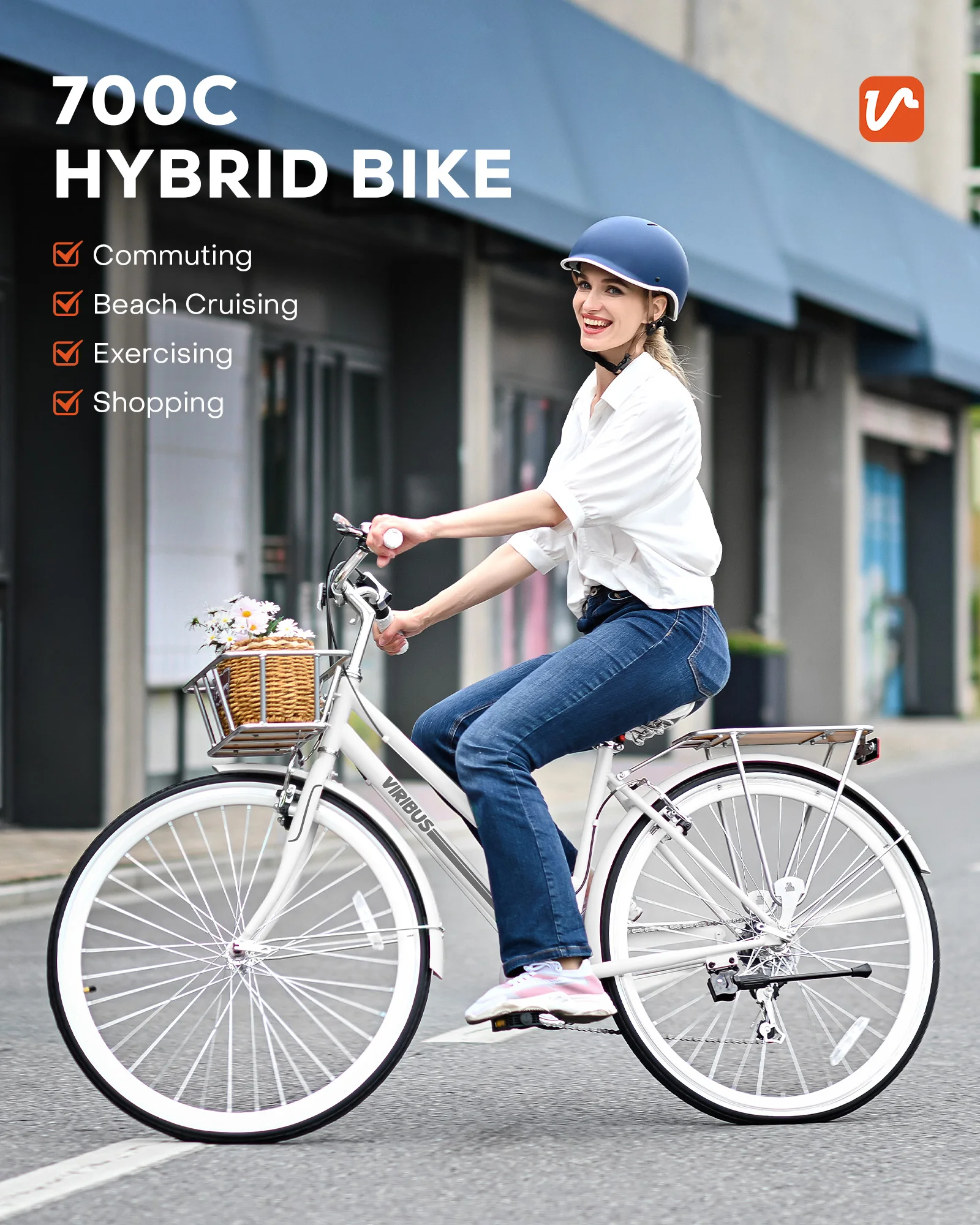 دراجة VIRIBUS Hybrid، دراجة هجينة للبالغين 700c للنساء مع 7 سرعات محرك 28 بوصة عجلة خطوة من خلال الإطار الأمامي والسلة الخلفية #6