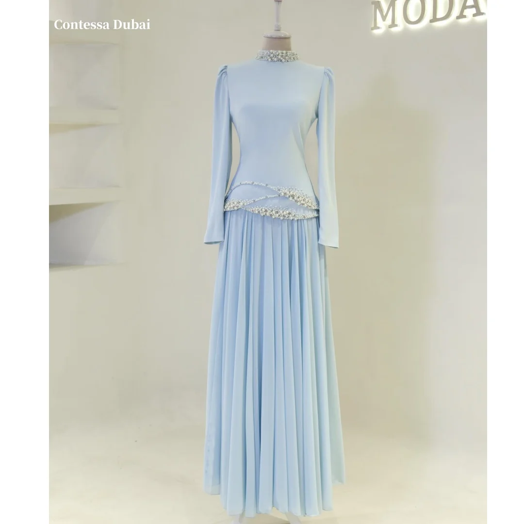 

Contessa Customized Pearls High Neck Prom Dress Long Sleeve Chiffon robes de soirée Draped Evening Dresses Elegant Formal Gown