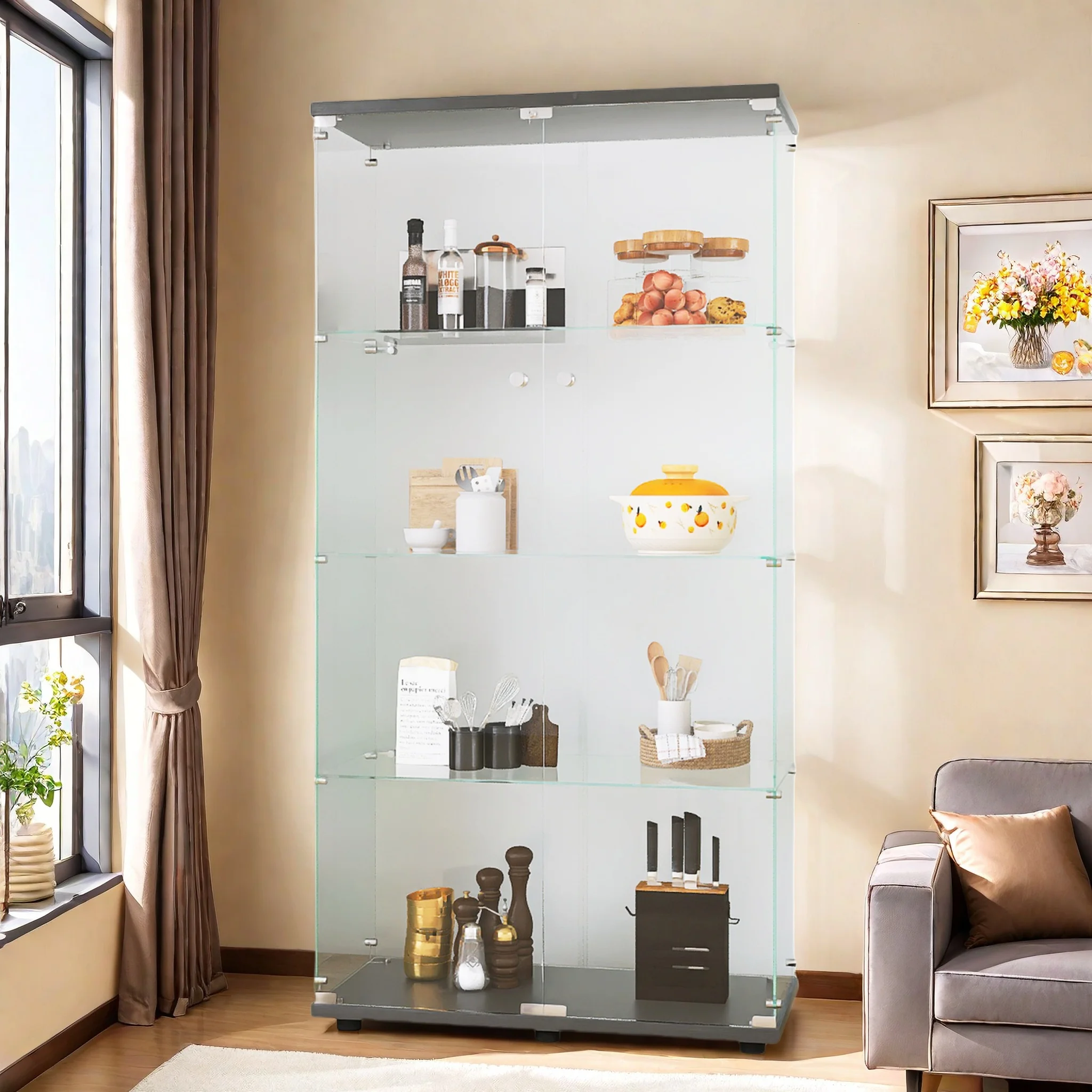 Comanlai, Vitrine à double porte à 4 niveaux en verre trempé, Meuble à vin, Vitrine autoportante pour figurines et modèles, Étagère de présentation Lego, Vitrine de salon, Noir