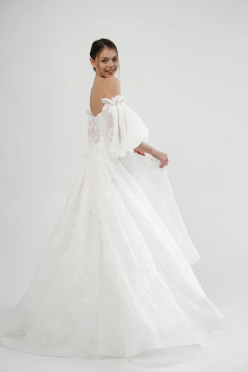 Annie Princessพัฟแขนชุดราตรีลูกไม้TulleชุดราตรีสีขาวOff-The-Shoulder Corset Party Dresses FBساتة