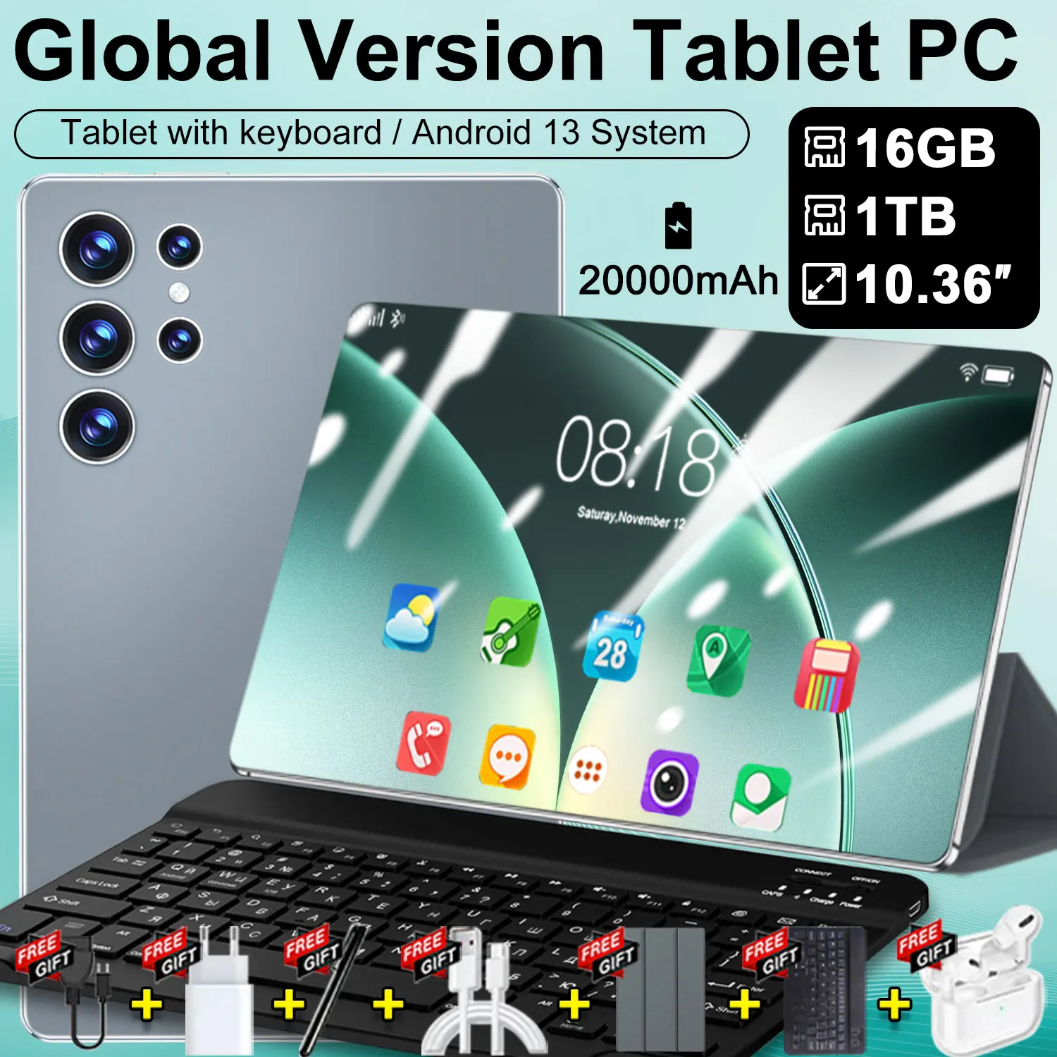 Tablette Android 13 16MP+32MP 5G Version Globale 10,36 Pouces 16GB+1TB 20000mAh WPS+5G WiFi Bluetooth Double SIM Appel Téléphonique