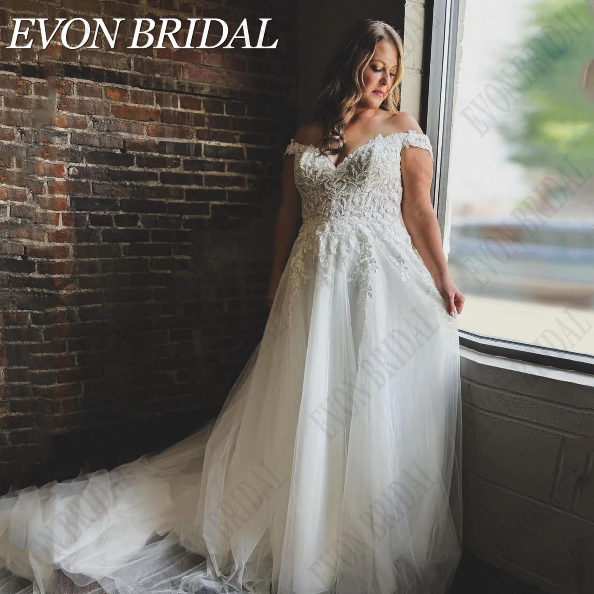 

EVON BRIDAL Plus Size Wedding Dress Woman Off Shoulder V-Neck Luxury Bride Gowns Beading Applique A-Line Vestidos De Novia Tulle