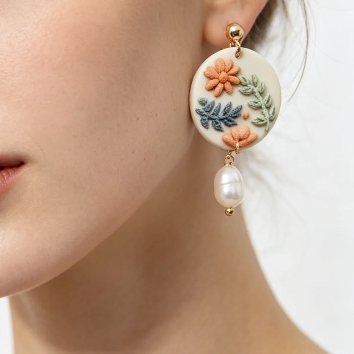 Vintage Handmade Cluster Flower Polymer Clay Drop Earrings with Pearl Delicate Dangle Earrings for Women And Girls Daily Accesso