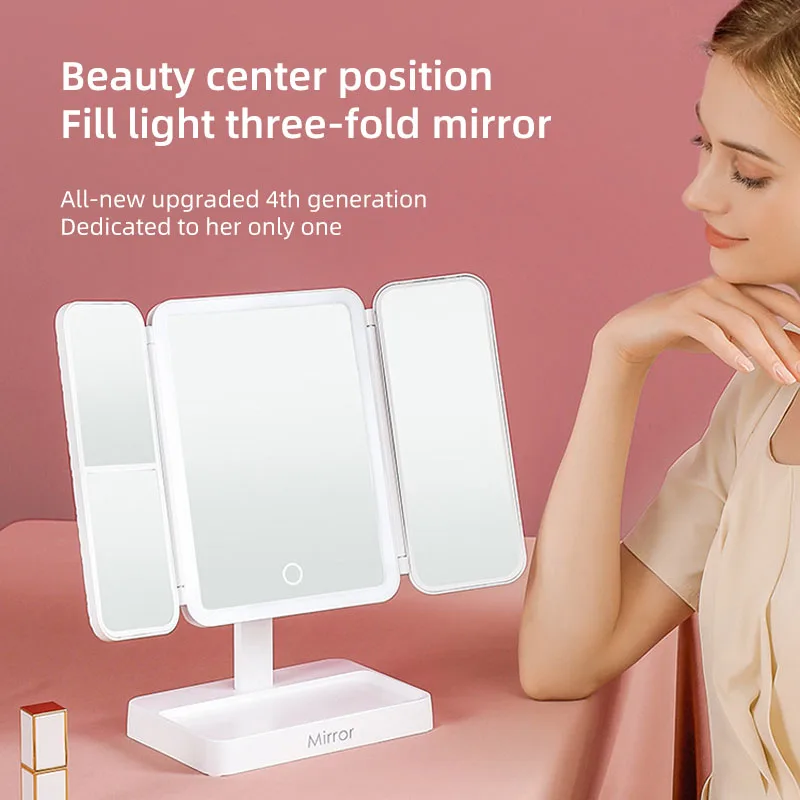 

Tri-Fold LED Makeup Mirror 3 Tone Lights Portable Compact Desktop Vanity Mirror 2X/3X Magnifying Rotable Lighted Makeup Mirror
