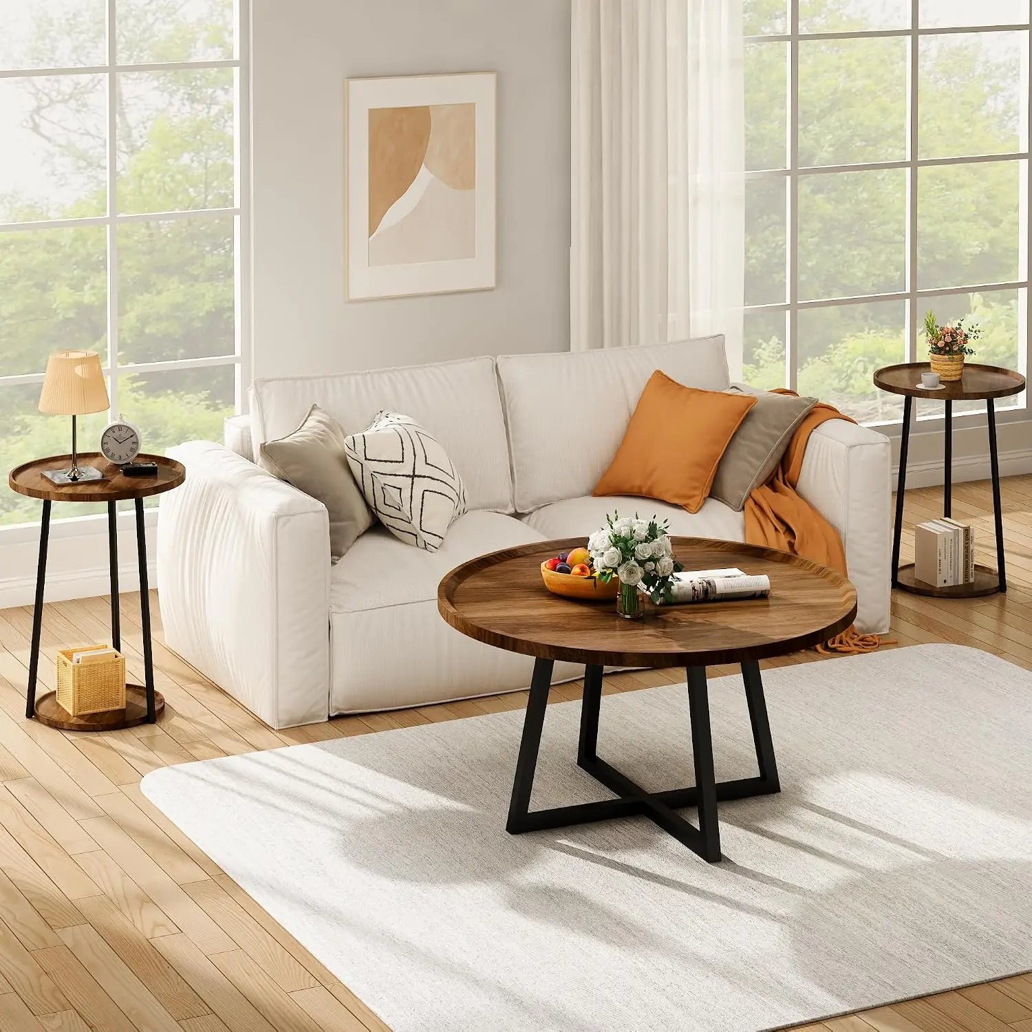 Coffee Table and End Table Sets, Round Coffee Table Set & 2 End Side Tables, Easy Assembly Vintage Living Room Table Set of 3, Suitable for Offices, Living Rooms and Apartments, Walnut