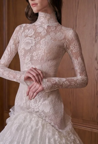 LumiGown 2026 Ivory High Neck Ballgown Wedding Gown Sheer Floral Lace Long Sleeve Ruffle Skirt Floral Tulle Veil Wedding Gown