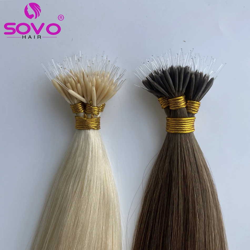 Crystal Hair Extensions 100% Human Hair Nano Keratin Straight European Elastic Ring Links Remy Human Hair Extensions  12-26 Inch