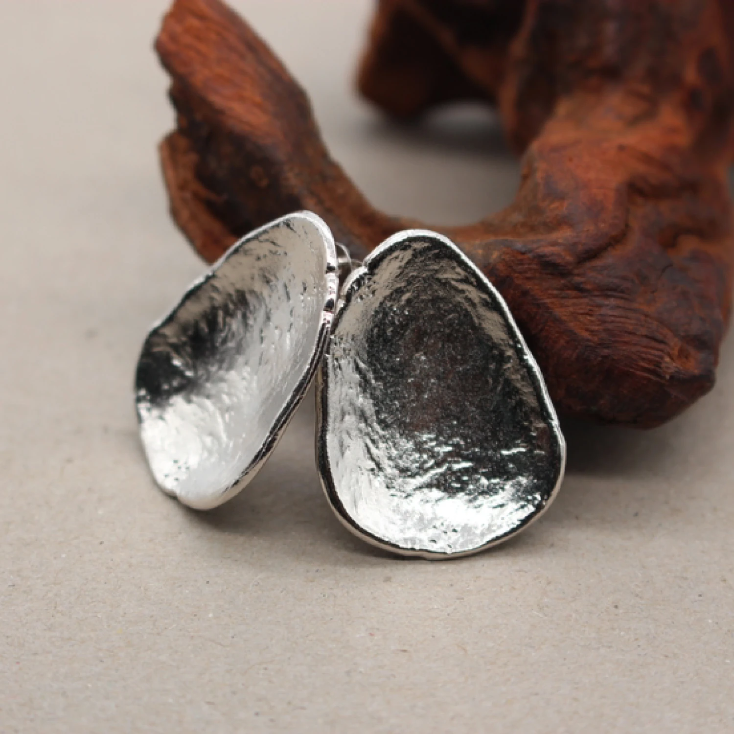 YAJUNIEL White Gold Plated Hammered Stud Earrings for Women Hypoallergenic Brass Textured Organic Shaped Statement Earrings