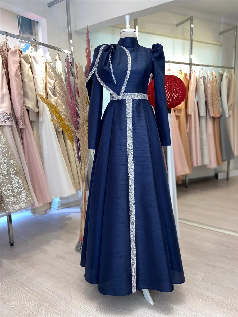 2022 Navy Blue Chiffon Mother Bride Dress Beaded Sequins Bow Evening Dress Luxury Muslim Long Sleeves Elegant Prom Gown vestido