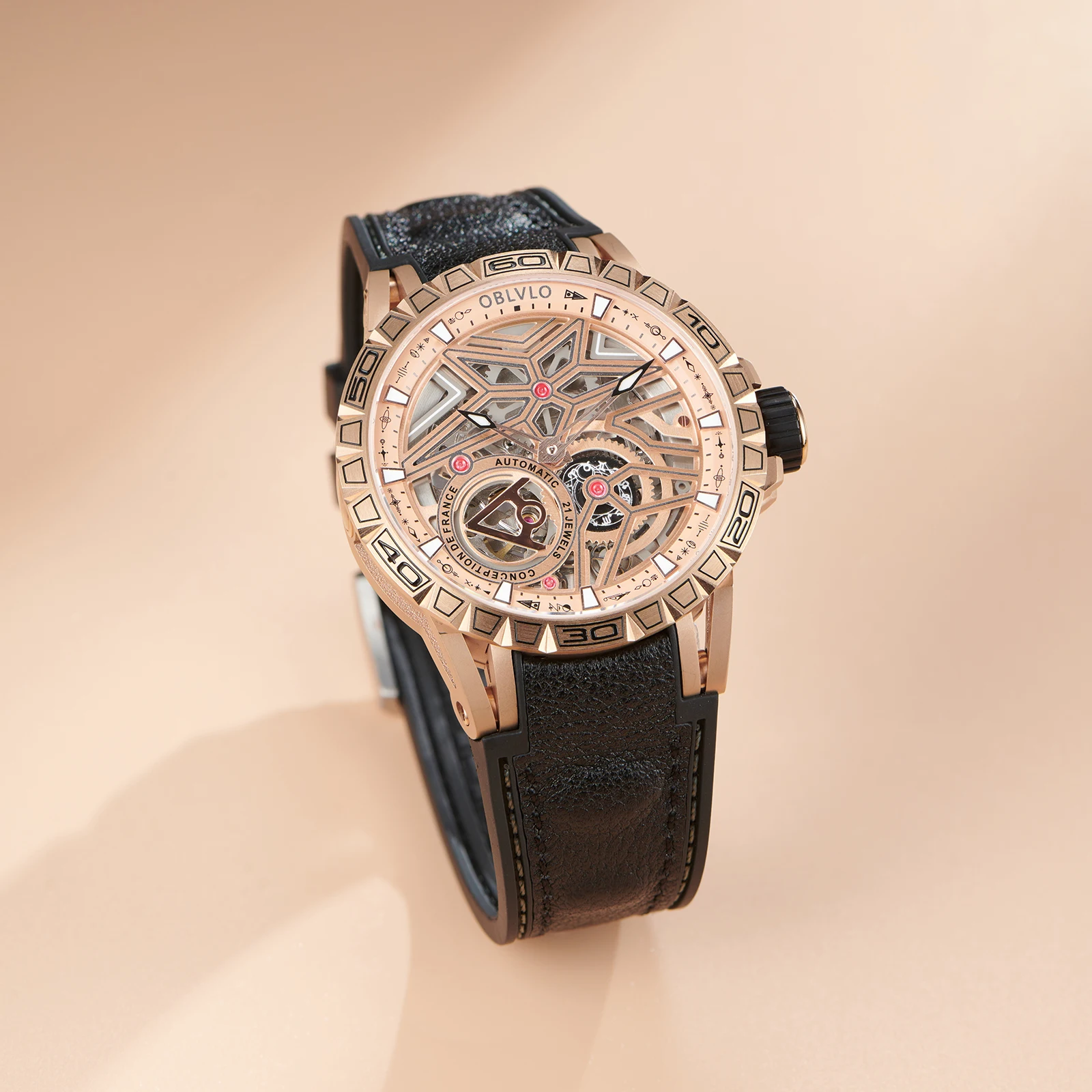 OBLVLO Cyber Planet Mens Skeleton Automatic Mechanical Watches Rubber Band Super Luminous Waterproof Rose Gold Watch Rejos LMQ