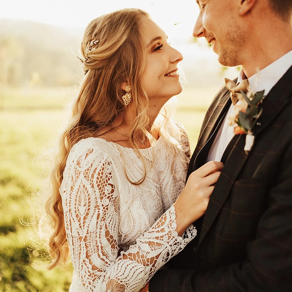 Barco bateau pescoço mangas compridas vestido de noiva uma linha recorte laço aberto para trás tamanho grande boêmio recorte laço boho rústico vestido de casamento