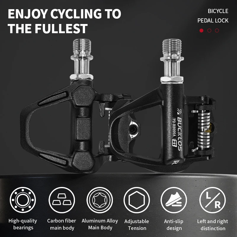 BUCKLOS Pedal de PD-R8000 de husillo de titanio para bicicleta de aluminio SPD-SL Pedal sin clip Pedal de bicicleta de carretera ultraligero con tacos