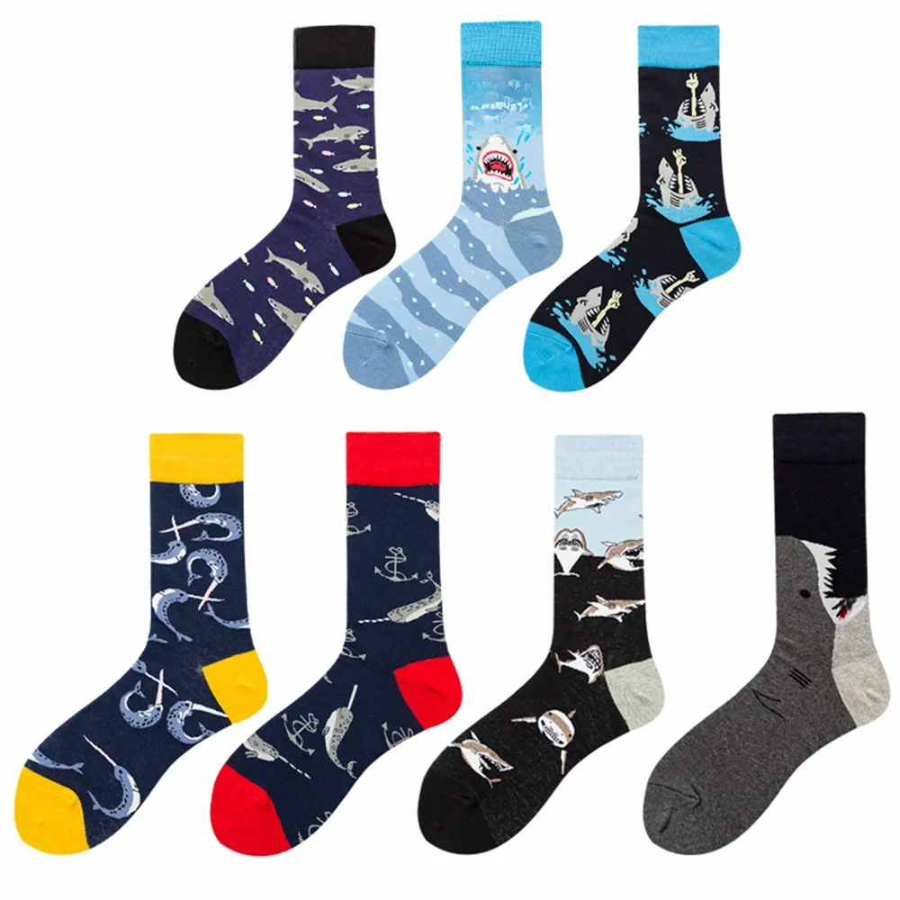 Nouvelles chaussettes unisexes Happy Shark pour le printemps et l'hiver, style hip-hop, skateboard, pour rester au chaud, streetwear, danse, rock, punk, fête, dropship