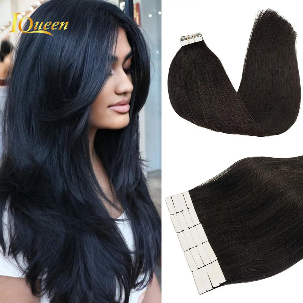 

Tape in Hair Extensions Human Hair Natural Black Straight Seamless Invisible Skin Weft Thick Soft Silky Off Black Human Hair