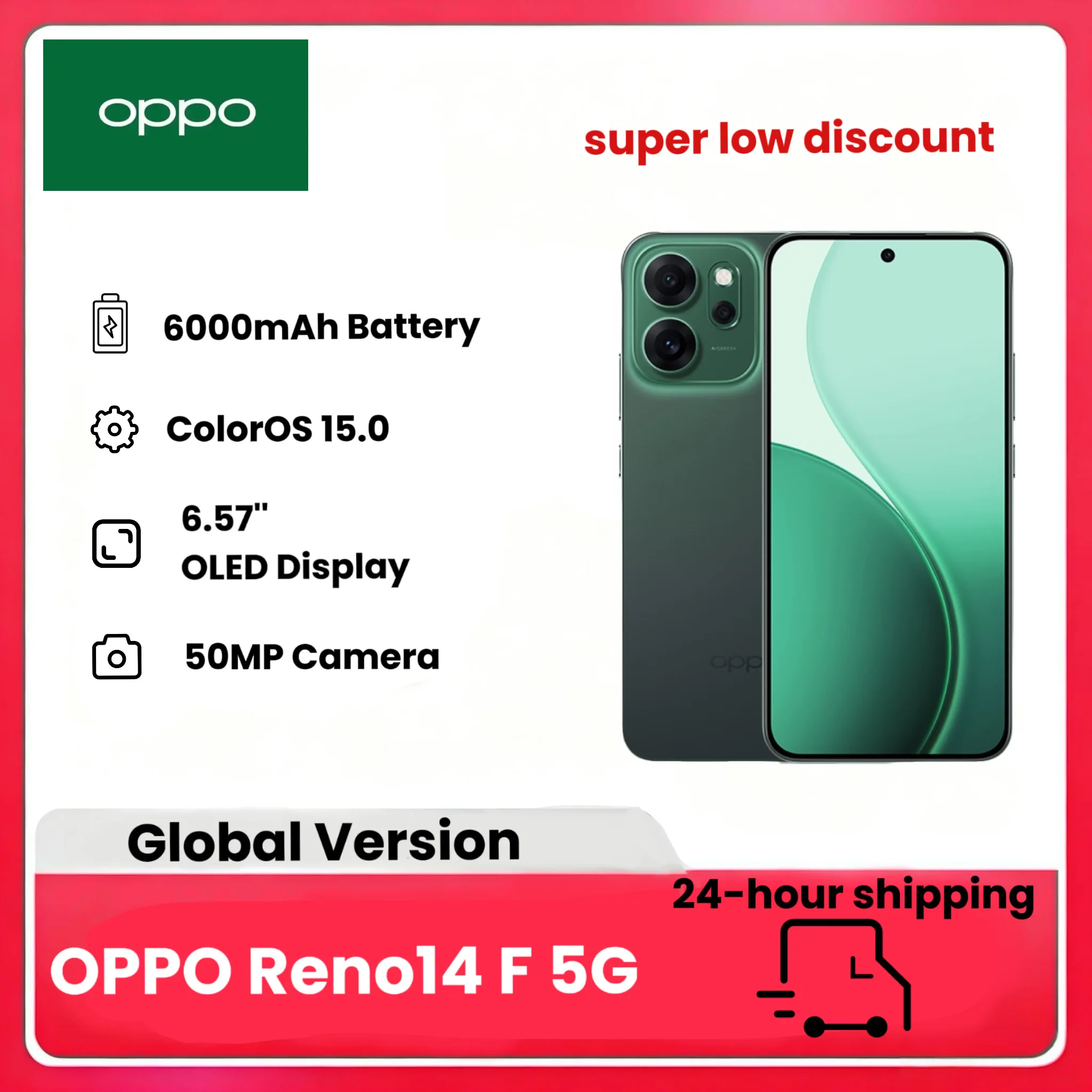Oppo Reno14 F 5G, 8 GB + 256 GB, Android-smartphone zonder AI-functionaliteit, 6,57 inch 120 Hz AMOLED-scherm, 50 + 32 MP AI-camera, 6000 mAh-batterij, IP69-waterbestendigheid (oplader niet