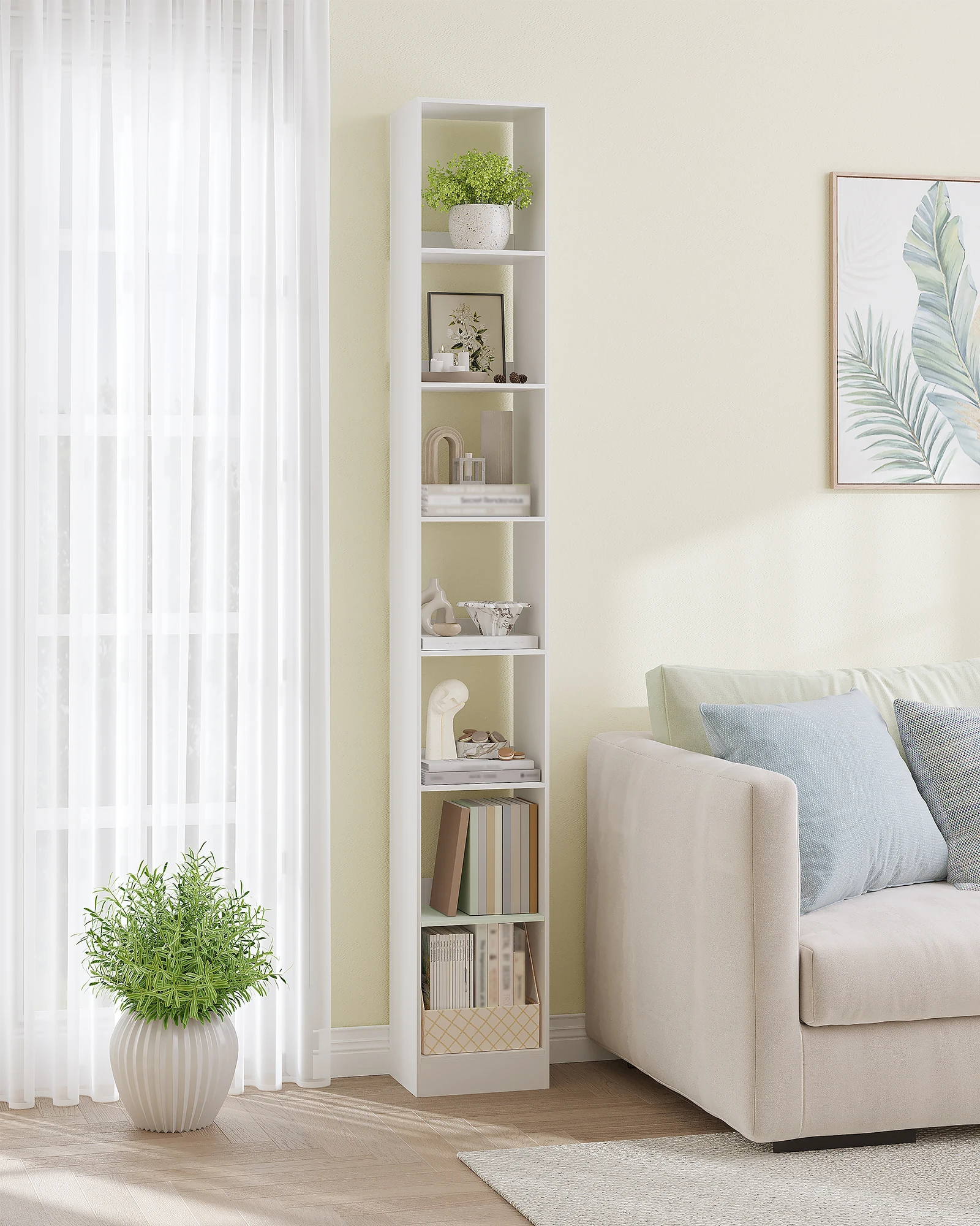 Estantería, Estantería de 7 Niveles, Estante Modular, Estante Abierto Moderno de Madera, Estantes de Almacenamiento y Exhibición para Sala de Estar, Dormitorio, Blanco