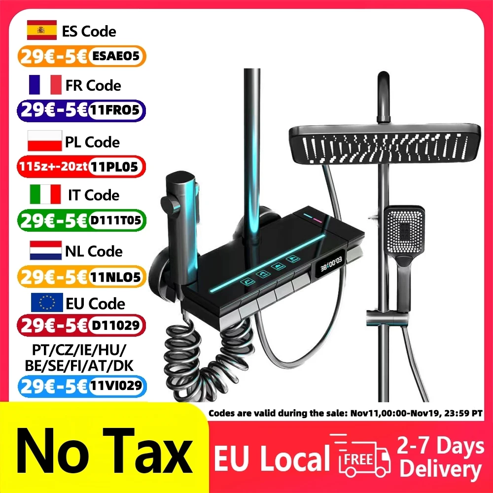 Salle de bain système de douche éclairage LED tête de douche miroir en laiton thermostat robinet de bain affichage numérique douche chaude et froide