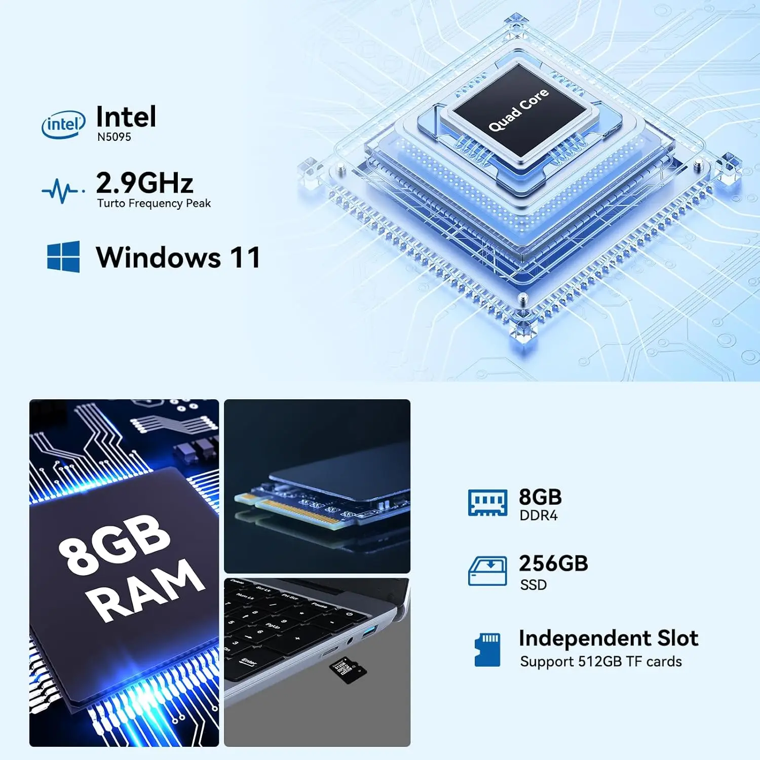 แล็ปท็อปคอมพิวเตอร์ขนาด 15.6 นิ้ว ระบบปฏิบัติการ Windows 11 โปรเซสเซอร์ Quad-Core Celeron N5095 หน้าจอ IPS ความละเอียด 1366*768 แบตเตอรี่ 5000mAh แรม 8GB DDR4 ความจุ 256GB SSD