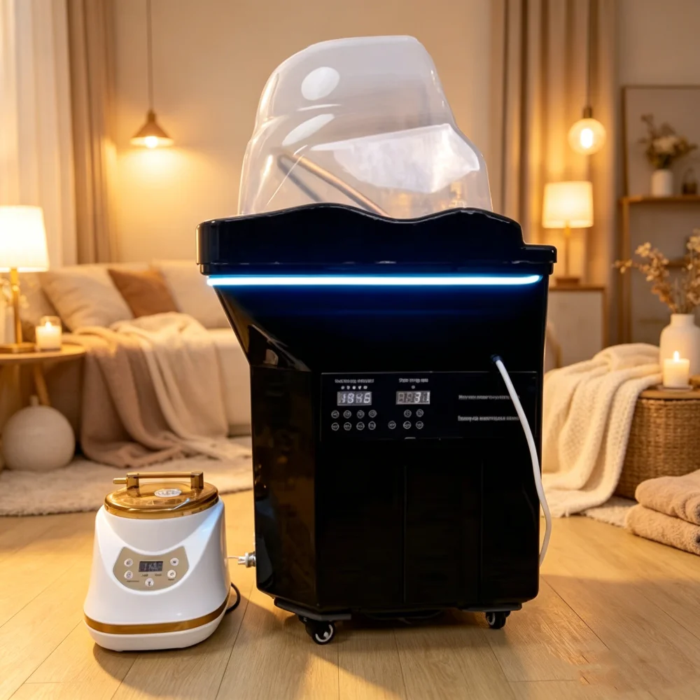 Machine de spa à vapeur à eau recirculante avec éclairage LED et réservoir d'eau portable intégré de 60 litres, équipement de spa professionnel pour centres de bien-être et salons de beauté