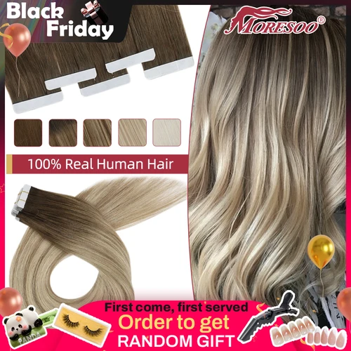 Moresoo-extensiones de cabello con cinta virgen, 100% cabello humano Real, 2,5 g/unidad, liso Natural, alta calidad, 12 meses