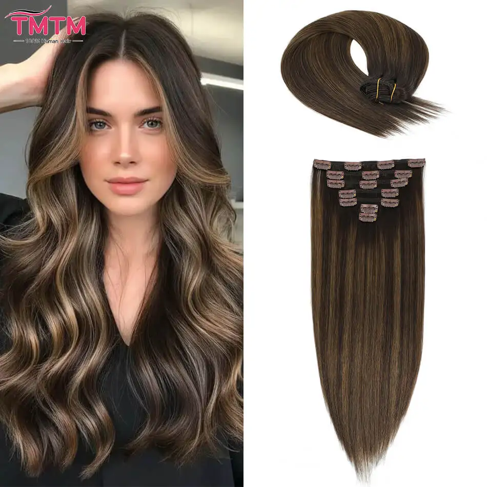 Highlight #T2/2/6 Straight Clips In Human Hair Extensions 7 Pcs Full Head Clip In Brazilian Hair 100% Remy Human Hair For Women