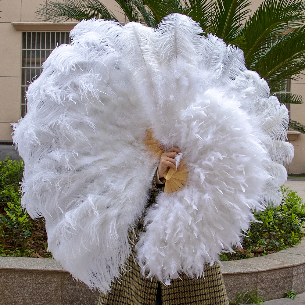 Customized Large White Hand Ostrich Feathers Fans 75cm Stage Performance Dancer Props 13 Bars Ostrich Plumes Hand Fan Foldable