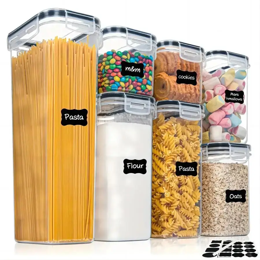 Airtight Food Storage Containers, 7 Pieces Plastic Cereal Containers with Lids, Kitchen Pantry Organization & Storage, 24 Labels