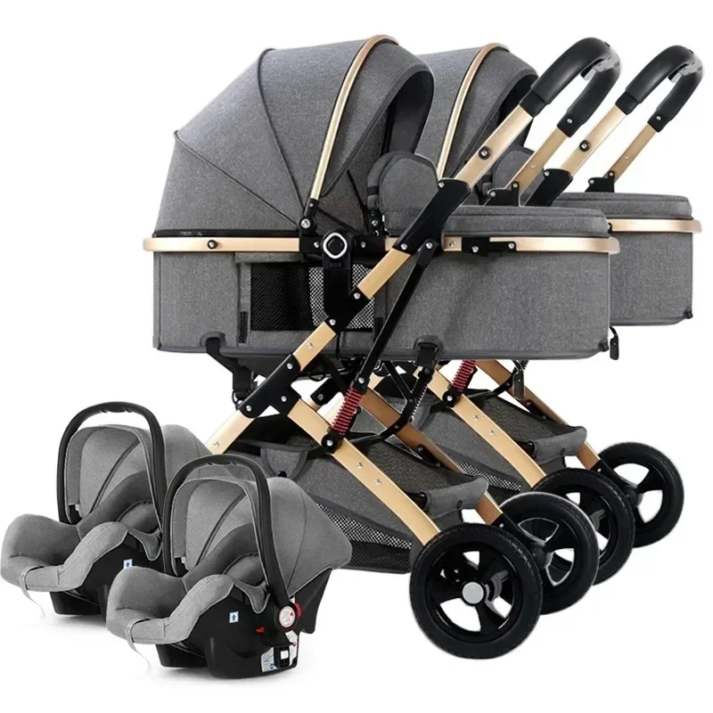 3-in-1-Zwillings-Kinderwagen mit Autositz, tragbarer faltbarer Kinderwagen mit hoher Sicht, Kinderwagen für Neugeborene, kann sitzen und liegen