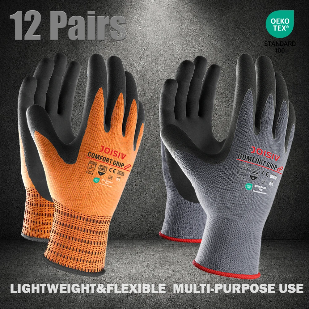 12 Pairs Heavy-Duty Nitrile Coated Work Gloves Non-Slip Lightweight Durable Breathable for Construction Auto Repair Gardening