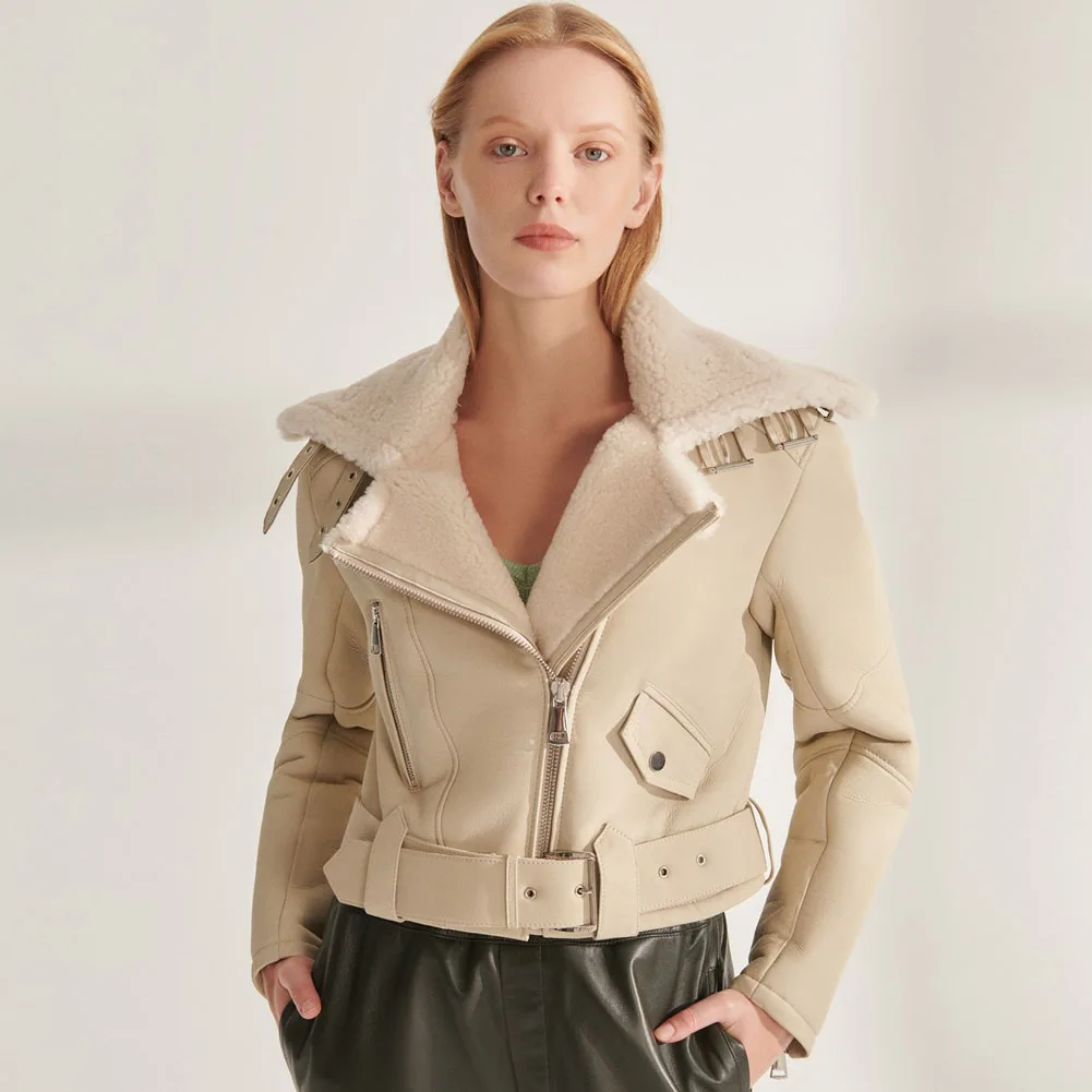 Joyce & Dora-Chaqueta de piel de oveja Natural para mujer, abrigos cálidos de invierno, chaqueta de borreguito Beige