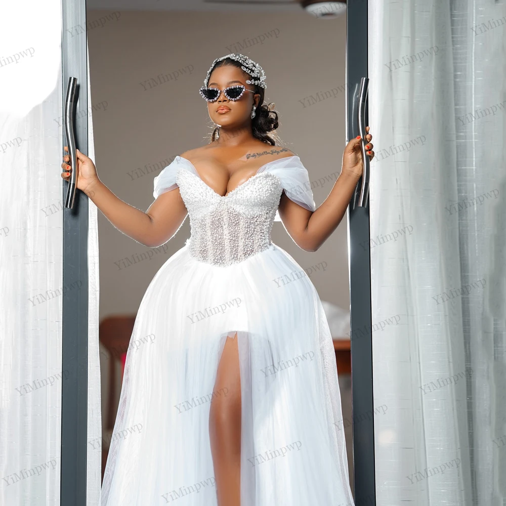 قبالة الكتف العروس الجلباب اللؤلؤ الخامس الرقبة مستقيم الطابق طول تول أفريقيا فستان الزفاف العاج فساتين الزفاف دش مخصص