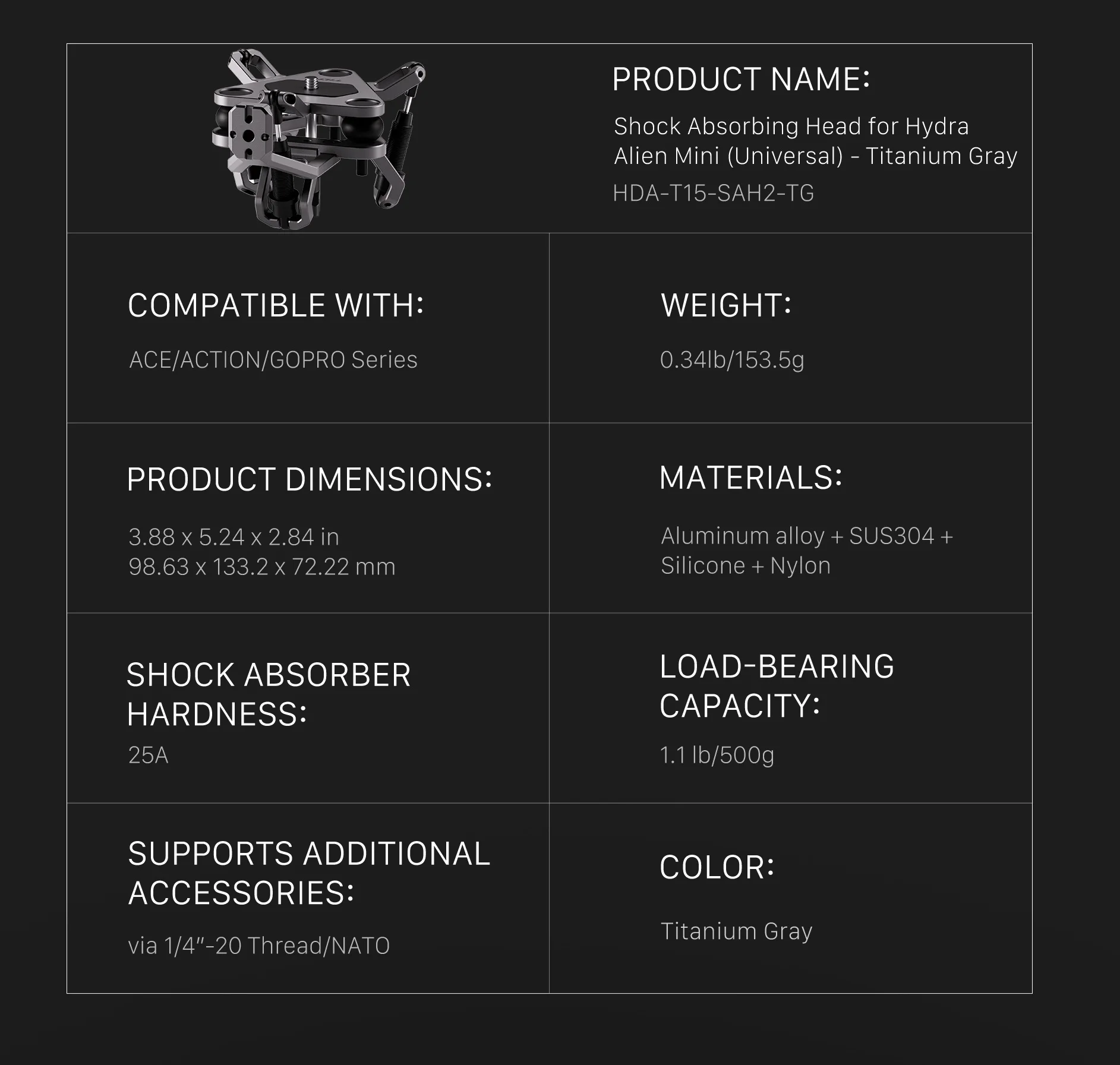 TILTA Hydra Alien Mini Biking mit universellem stoßdämpfendem Kopf für Pocket3/Pocket4pro/Go Pro10/11/12/Action4/5pro/Insta360 X3/4 – Detail 12