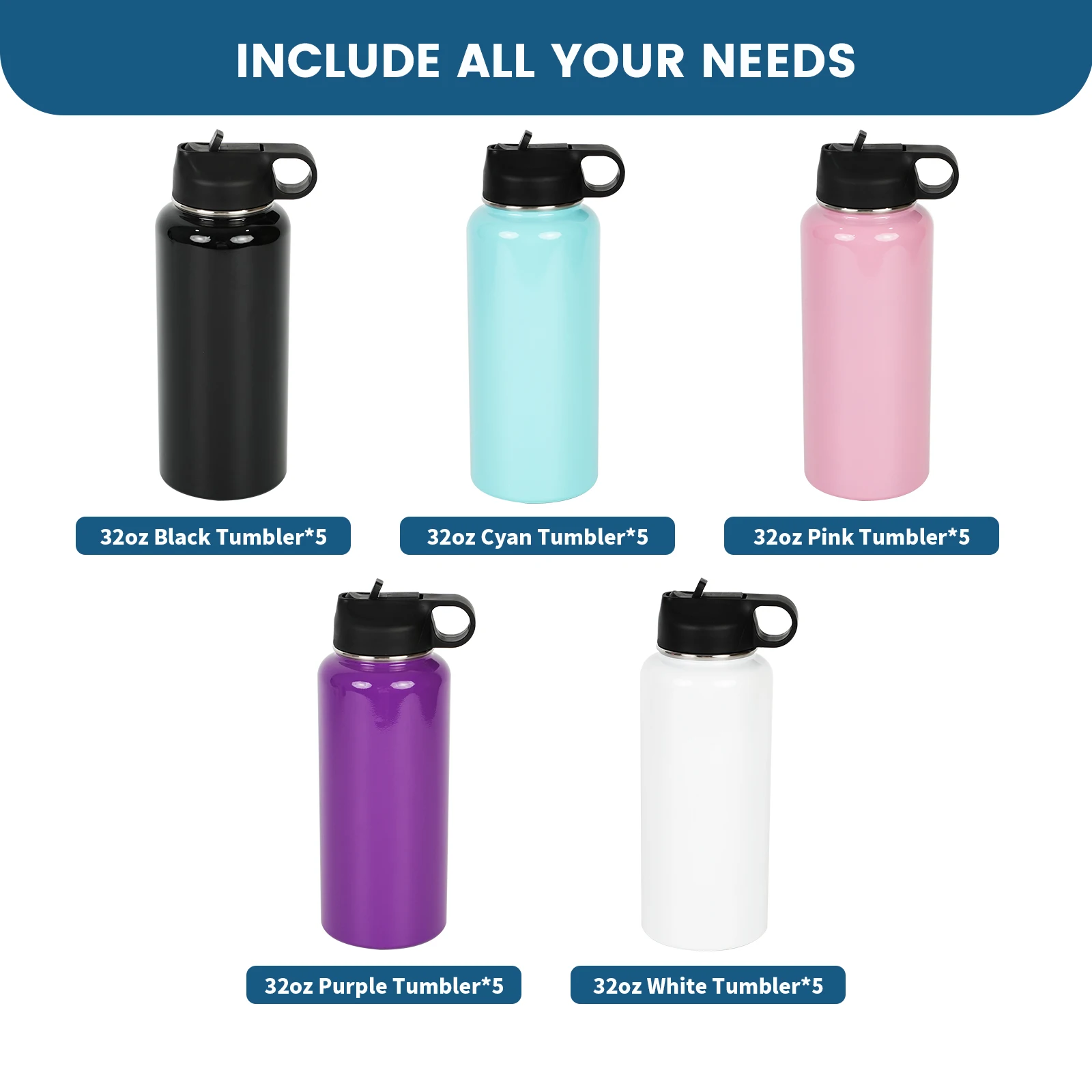 32OZ Powder Coated Sport tumbler-Straight & Large,Vacuum Insulated Water Bottle with handle Cover,Perfect for Engraving,25 Pack