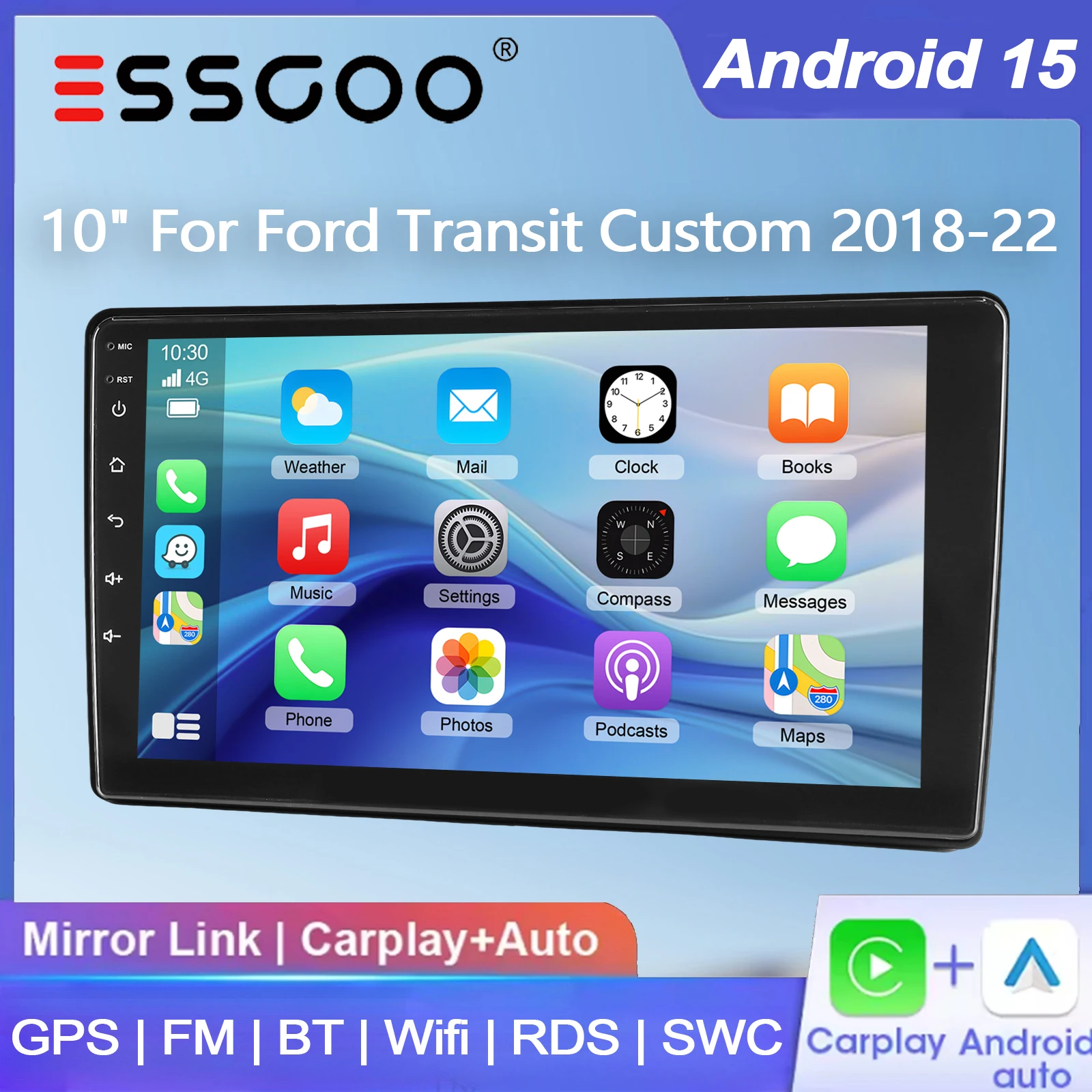 ESSGOO 10" Android 15 4+64G Carplay Wireless Android Auto per Ford Transit Tourneo Custom 2018-2022 Autoradio GPS Navigazione Radio FM BT WiFi RDS SWC Mirror Link ASP Lettore Multimediale Video IPS