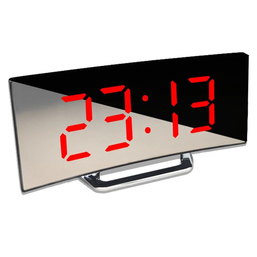 Digital Table Clock LED Alarm Clock Temperature Date Mirror Curved Modern Portable Elegant Compact Design