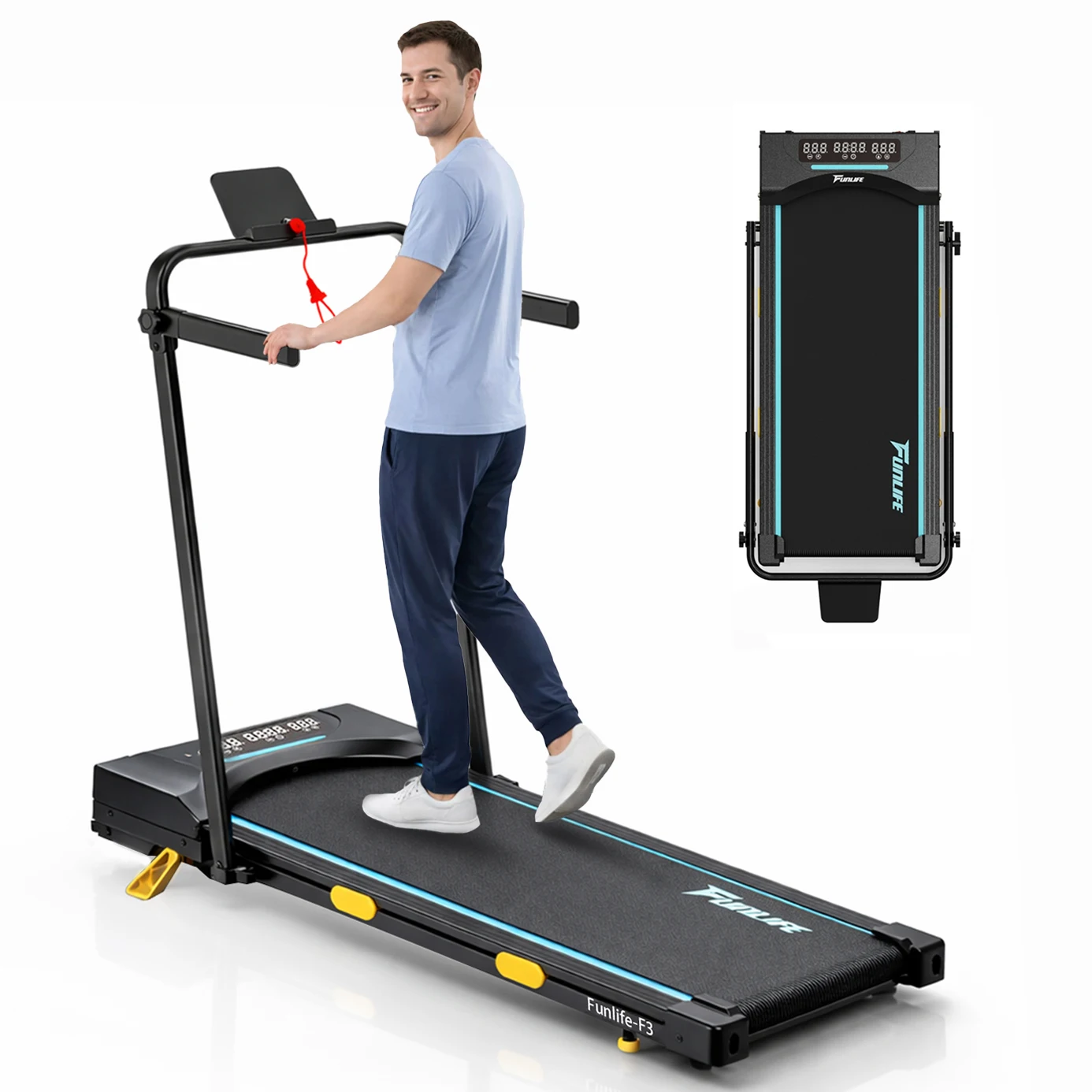 FunLife F3 Tapis de Course Pliable avec Moteur Sans Balais, Walking Pad Silencieux 1–10 km/h, Inclinaison de 7 %, Cordon de Sécurité et Double Système de Poignées, jusqu'à 120 kg