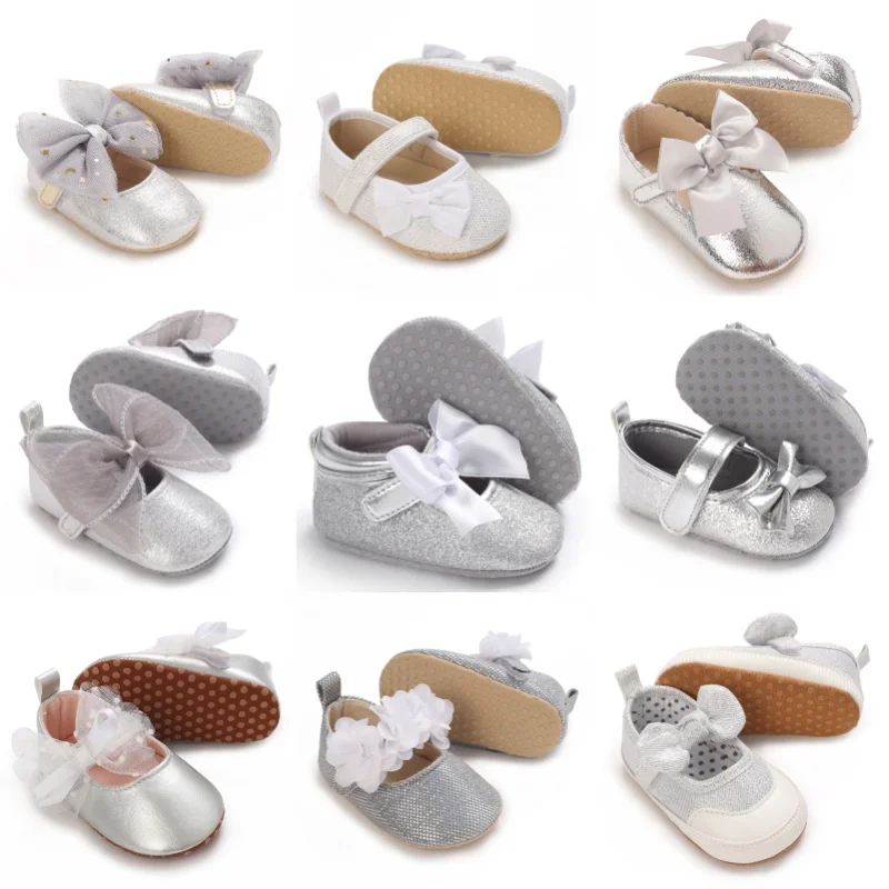 VALEN SINA Newborn Baby Shoes Silver Baby Girl Shoes Princess Shoes Classic Bow Sole Anti Slip Baby Walking Shoes